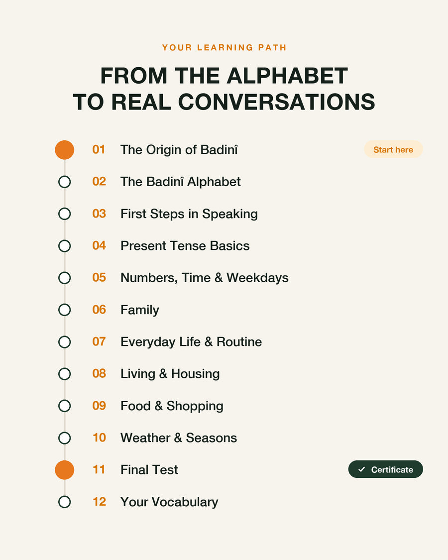 Badinî A1 – your learning path: chapter overview with final test and certificate