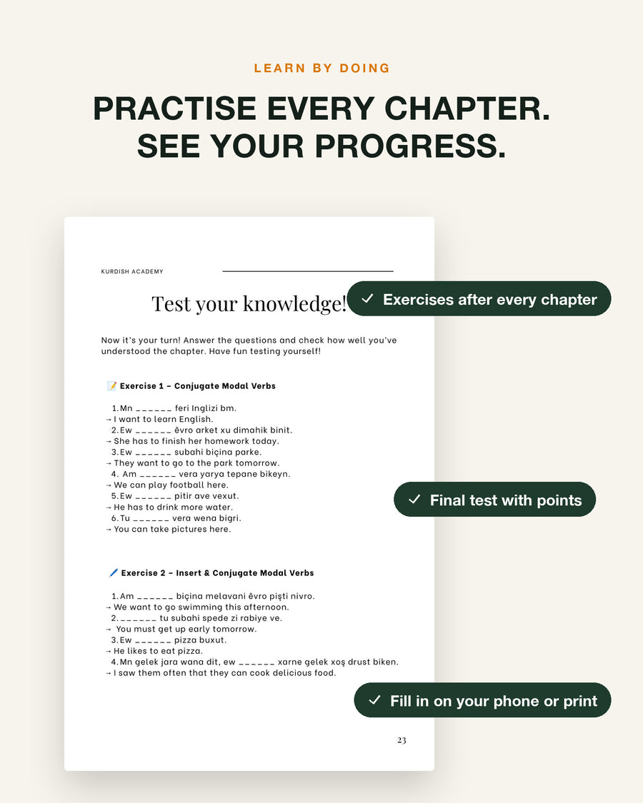 Badinî A2 – practise every chapter: exercise page with checklist