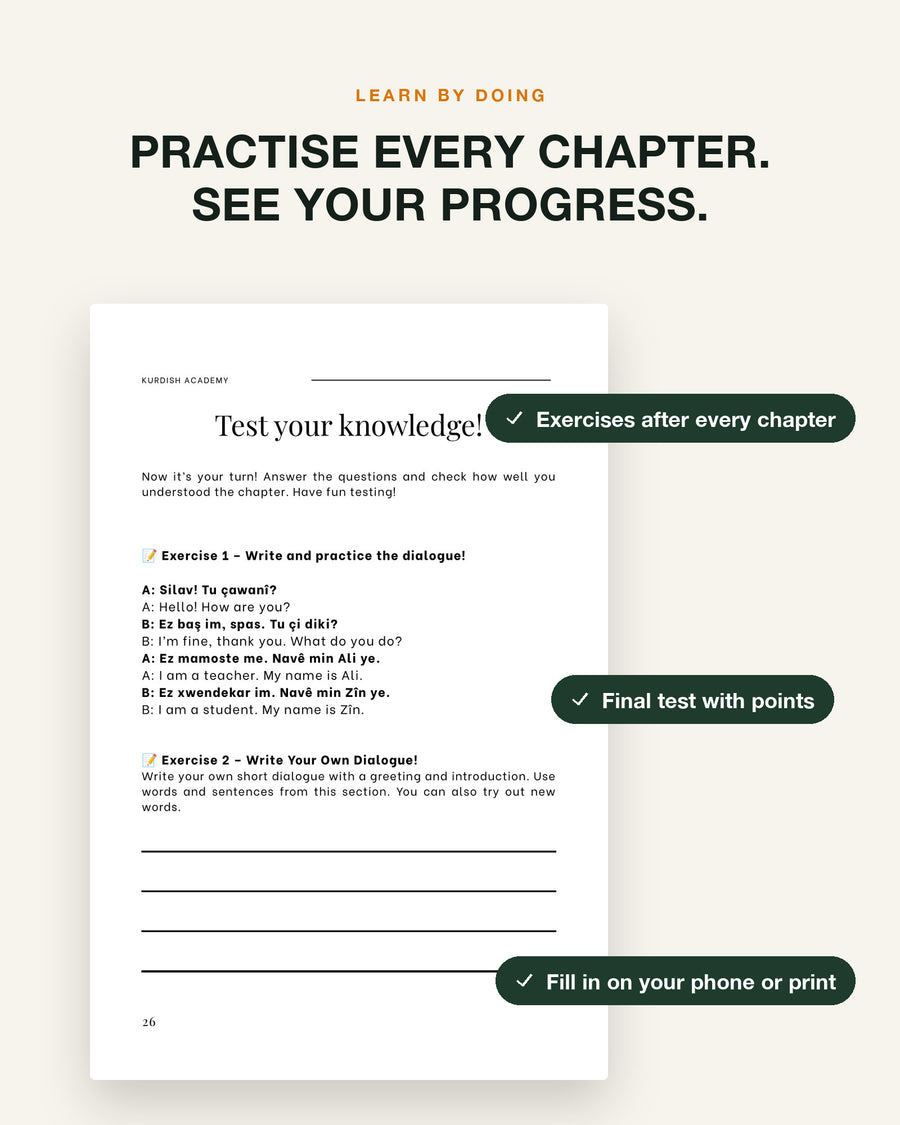 Badinî A1 & A2 bundle – practise every chapter: exercise page with checklist
