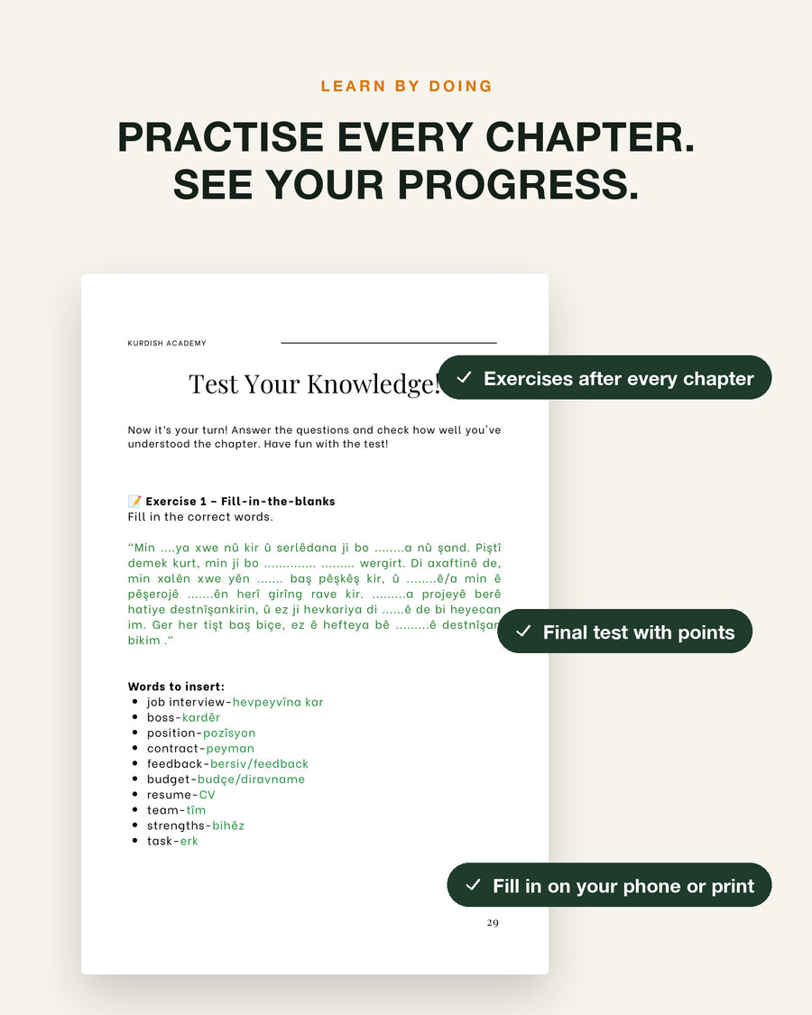 Kurmancî B1 – practise every chapter: exercise page with checklist