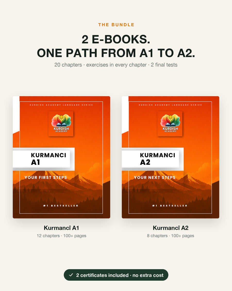 Kurmancî A1 & A2 bundle – what's inside: all e-books of the bundle, chapters and pages per book