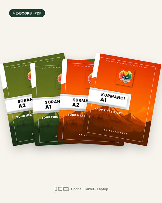 Kurdish Master Bundle – four e-book covers, Kurmancî and Soranî A1 & A2 (English edition, PDF)