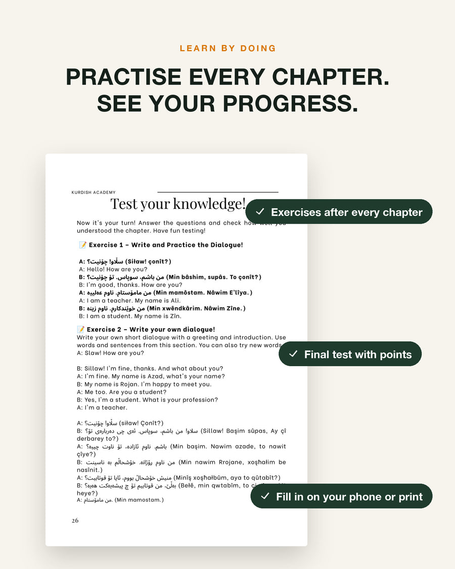 Soranî A1 – practise every chapter: exercise page with checklist