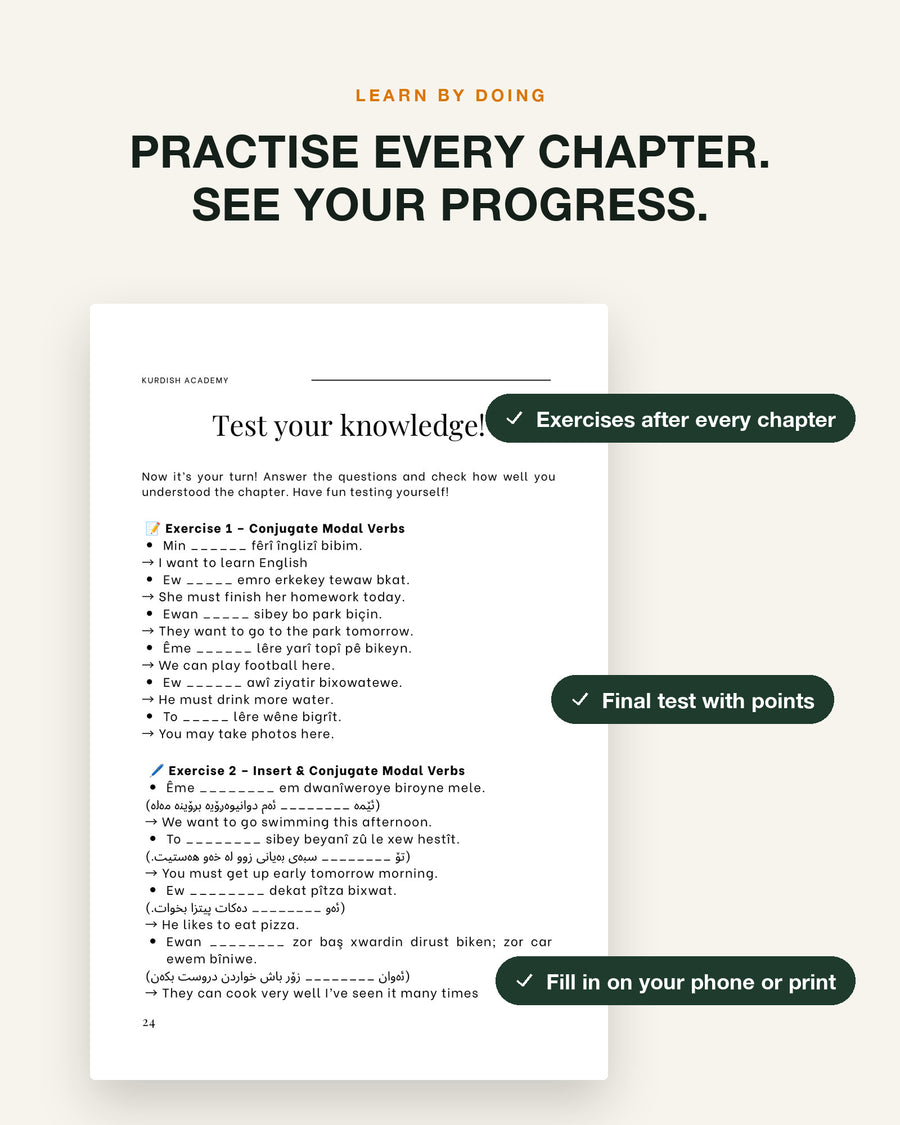 Soranî A2 – practise every chapter: exercise page with checklist