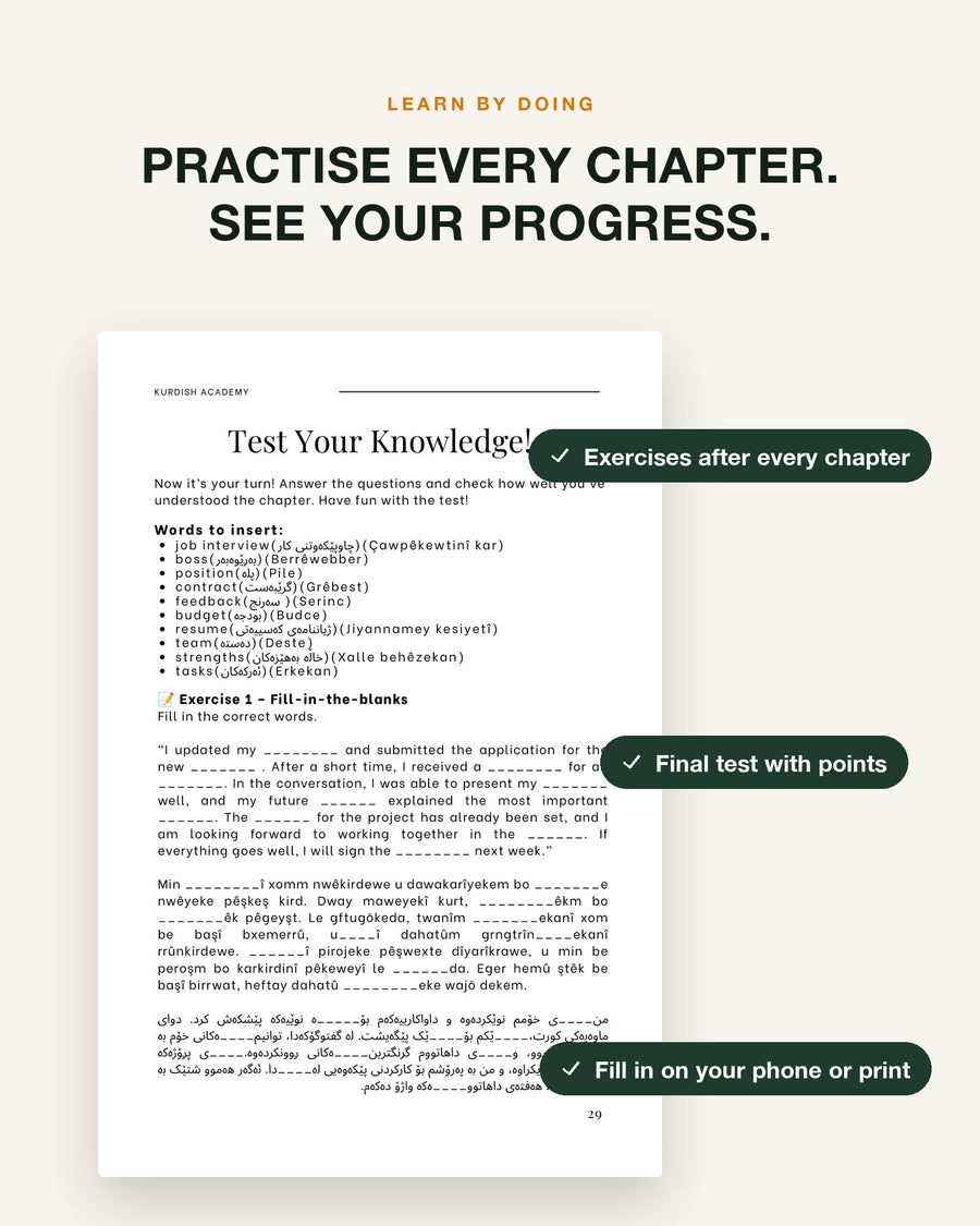 Soranî B1 – practise every chapter: exercise page with checklist